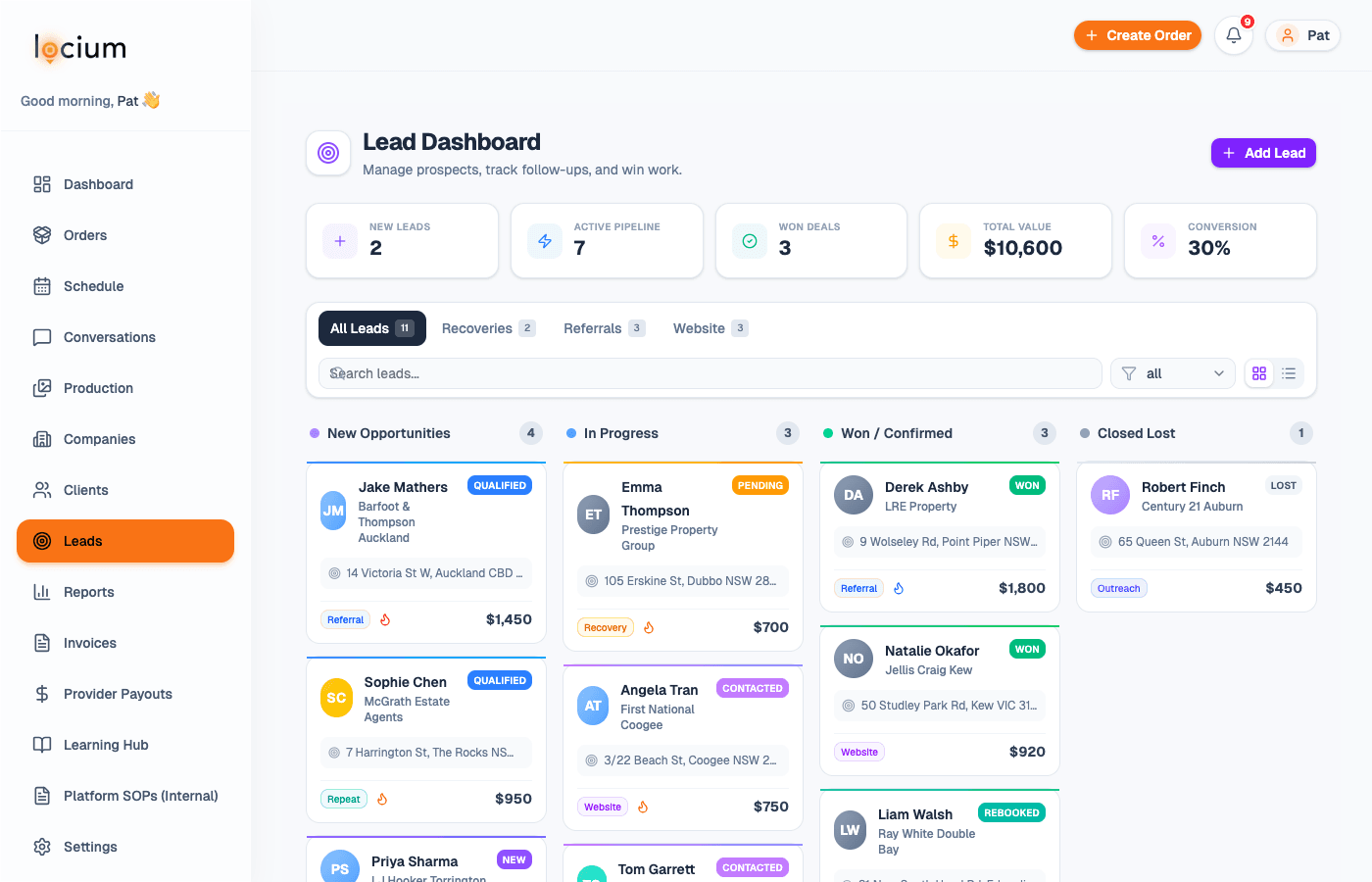 Locium Lead Dashboard showing pipeline stages with real client leads
