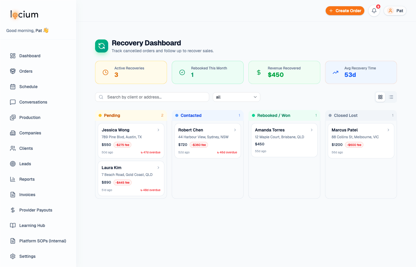 Locium Recovery Dashboard showing cancellation win-back pipeline